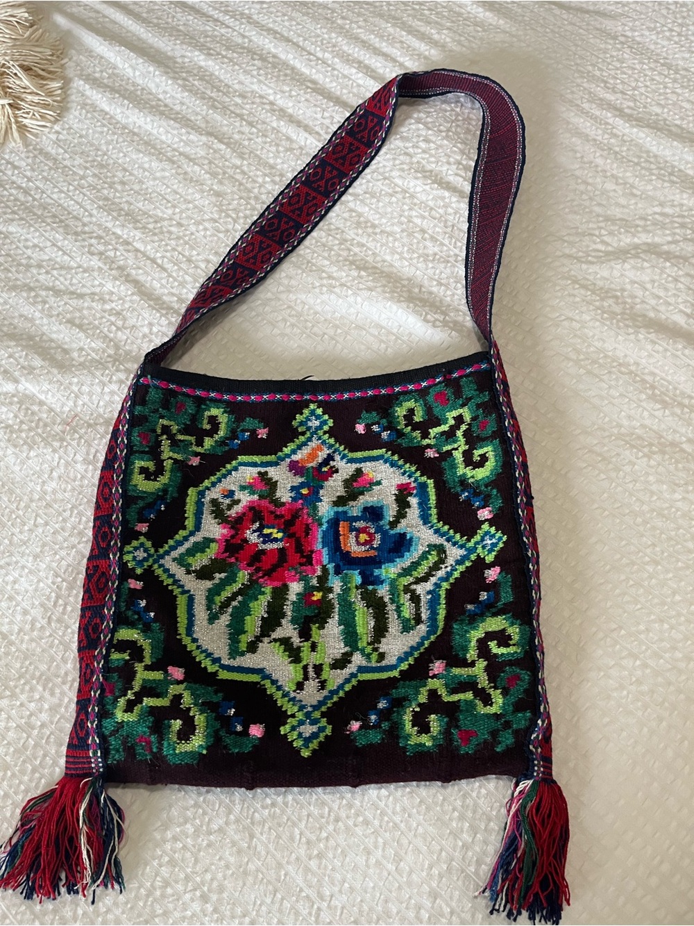 Bohemian handmade Floral Shoulder Bag in Black with Multicolor Accents